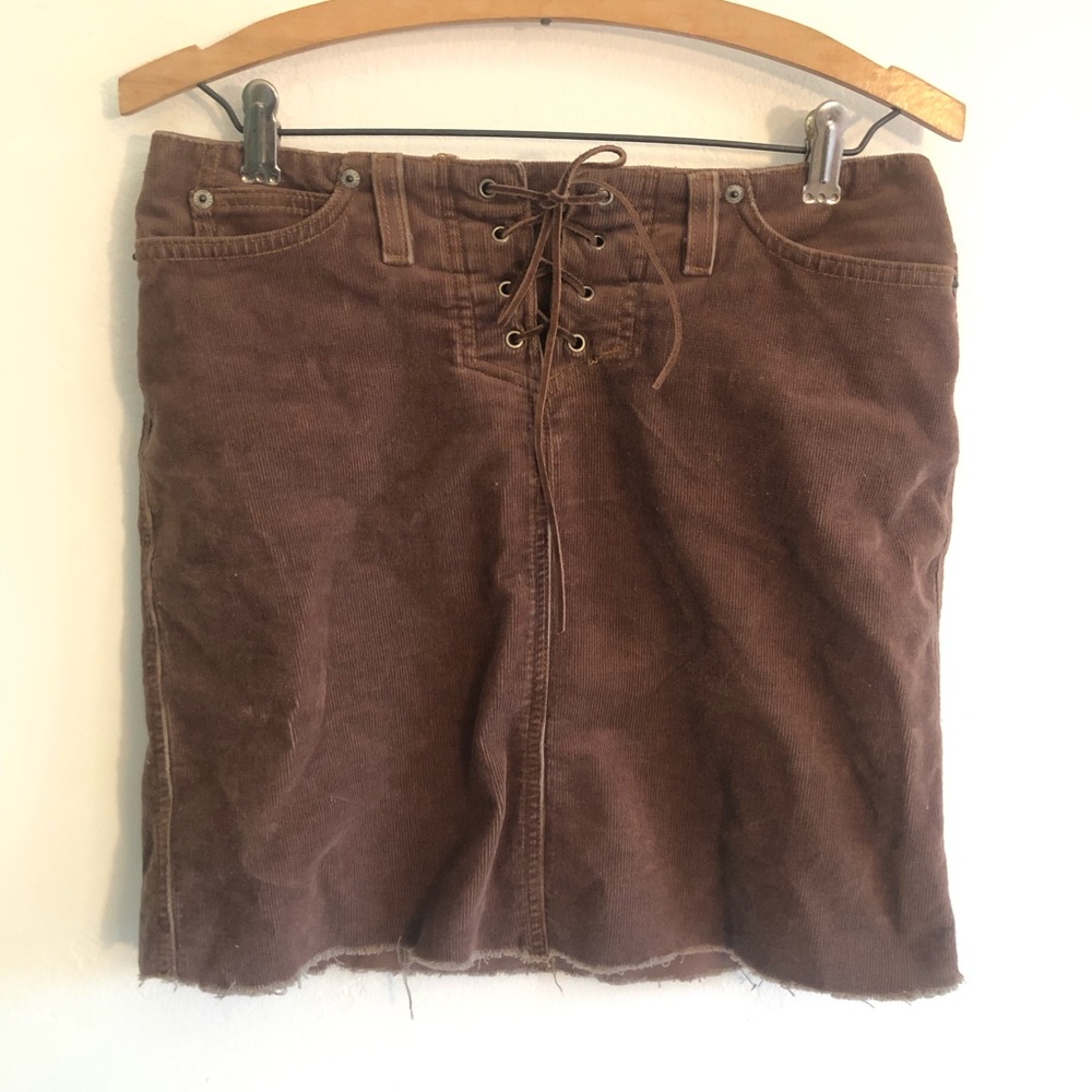 Billy Blues Skirt Women's Size 6 Brown Corduroy Lace Up Miniskirt Raw Hem